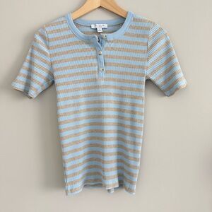 Ann Taylor Weekend Collection Striped Ribbed Henley Top Freesia Blue SP